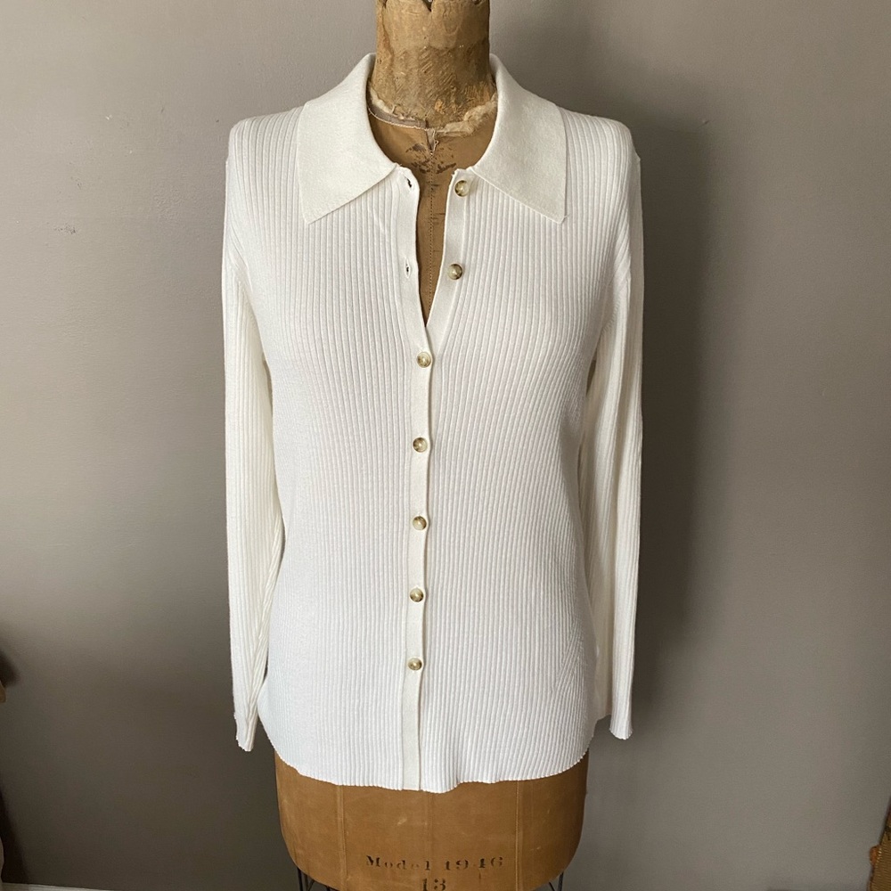 Daily Ritual Ribbed Collared Cardigan Sweater Cream Women’s L